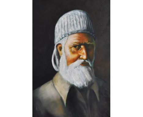 20th Century School, oil on canvas, A portrait of an elderly man wearing a taraz style hat, unframed, measuring 52cm x 66cm o