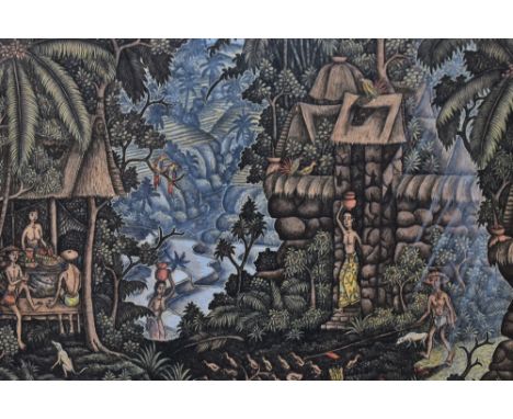 In the style of 'I Made Budi' (b.1932, Indonesian), coloured print, A primitive scene depicting figures surrounded by palm tr