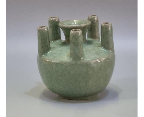 Chinese Guan style crackle green glazed stick neck baluster vase with five specimen stems around a flared central mouth. Impr