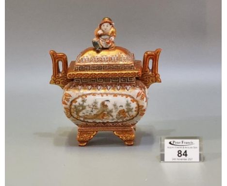 Japanese Kutani iron red and gilt porcelain baluster shaped, two handled koro or censer and cover, the cover with figure moun