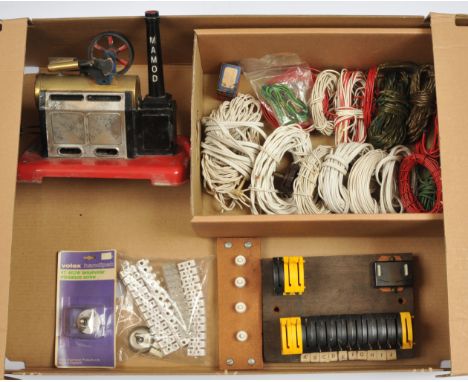 Mamod SP2 Stationary Engine along with bank of Hornby passing contact switches, coils of electrical wire and terminal Blocks.