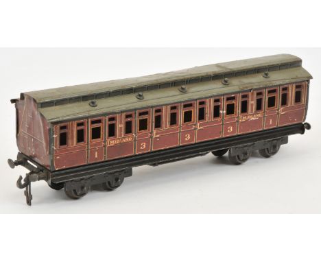Marklin or Similar O Gauge Clerestory roof coach - Midland Railway '1323', Please see photo. Conditions: Fair to Good.