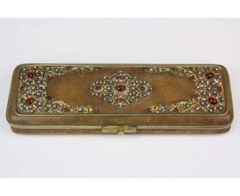 A French leather and enamel brass ornamented glove case with turquoise, pearls and red stones, size 28 x 4cm.