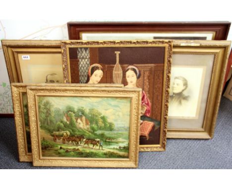 A gilt framed tapestry, a quantity of early photographs and prints.