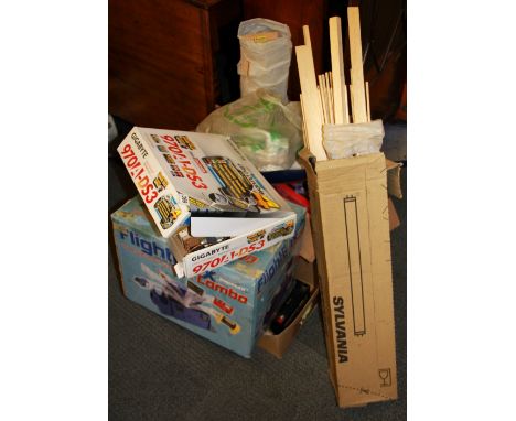 A quantity of model making related brushes and tools and three remote controls etc.