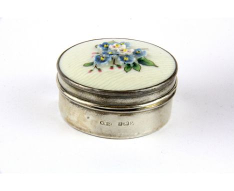 A boxed hallmarked silver, enamel and porcelain jewellery casket, Birmingham, Dia. 5.2cm H. 3.5cm.