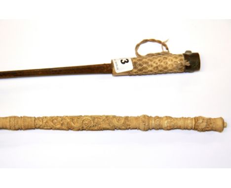 An Edwardian carved ivory handled parasol and a carved ivory handled sword stick without sheath, L. 88cm.