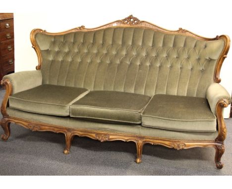 An Victorian button back green upholstered three seater settee, L. 190cm, D. 100cm.