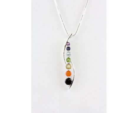 A 925 silver rainbow pendant and chain set with amethyst, tanzanite, blue topaz, peridot, citrine, fire opal and garnet, L. 4