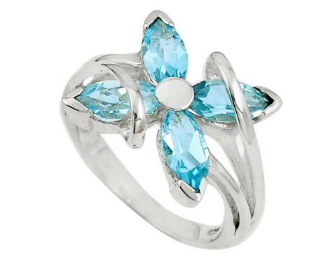 A 925 silver flower shaped ring set with marquise cut Swiss blue topaz, (R).