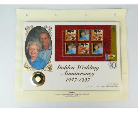A sealed golden wedding anniversary 1947 to 1997 gold coin and first day cover.