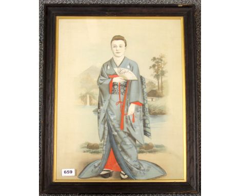 A 1920's framed Japanese print on silk portrait of a western girl in traditional Japanese clothes, frame 59 x 47cm.