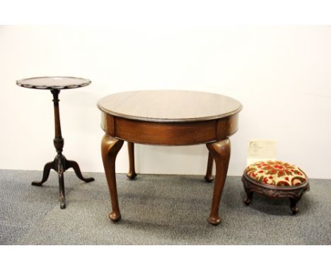 A tripod legged mahogany wine table, a side table and a Georgian footstool with purchase receipt, sizes 50 x 30cm, 45 x 60cm,