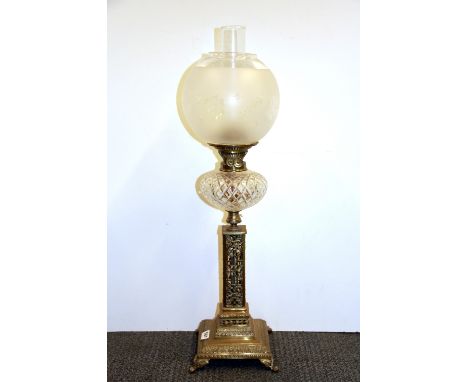 A Victorian cut glass and gilt brass oil lamp, H. 73cm.