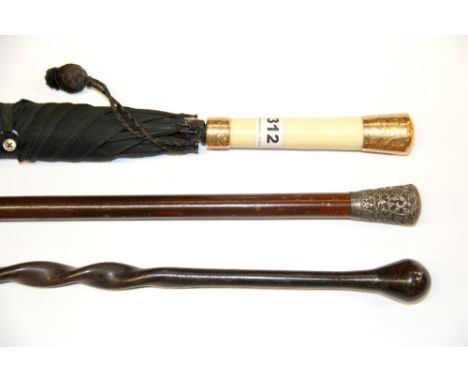 An Edwardian 15ct gold and ivory mounted umbrella with a silver mounted walking stick and a further walking stick, umbrella L