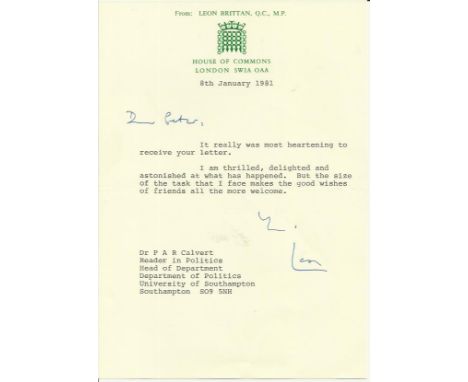 Leon Brittan Typed and hand signed letter on House of Commons stationary, signed by the late Leon Brittan MP who was Home Sec