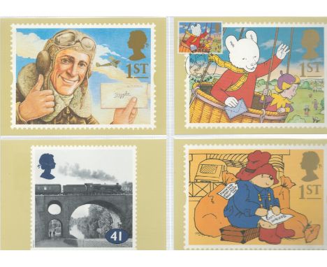 Royal Mail Postcard Collection in leather folder, Paddington Bear, Biggles Books, The Age of Steam, Robert Burns, Rugby Leagu