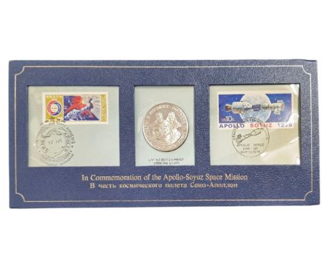 1975 Franklin Mint Apollo Soyuz Space Mission silver coin and stamp set commemorating the joint Soviet-USA space Apollo-Soyuz