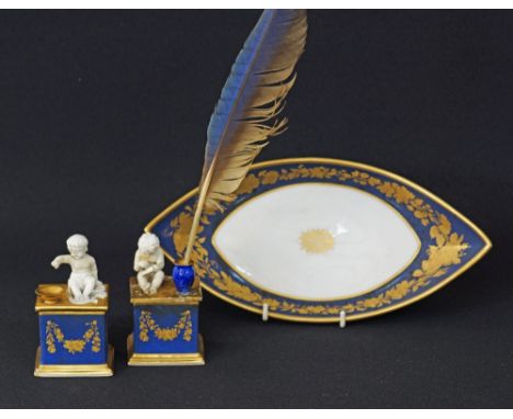 Rare and Fine KPM Berlin 18th century porcelain ink well, sander and oval tray, with miniature cubids sitting on cubic pedest