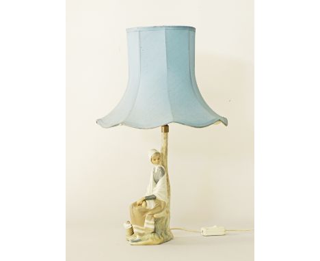 A Spanish Lladro porcelain table lamp, the elegant shade in light blue, c1970s-80s, H56cm.