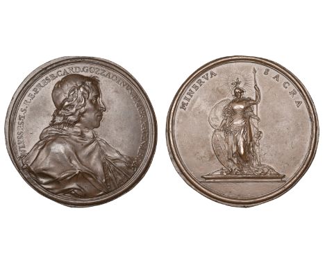 ITALY, Cardinal Ulisse Gozzadini, 1709, a copper medal by F. de Saint-Urbain, bust right, rev. Minerva standing, holding shie