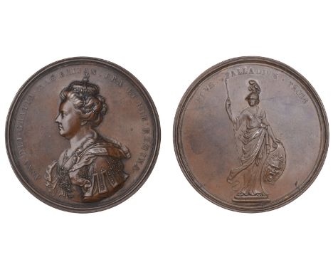 Union of England and Scotland, 1707, a copper medal, unsigned [by J. Croker], crowned bust of Anne left, rev. Anne, as Pallas