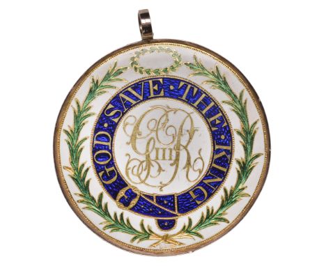 George III, Recovery from Illness, [1789], a uniface gilt-brass and enamel badge, god save the king on garter, monogram in ce
