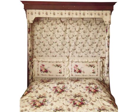Edwardian mahogany wall mounted bed canopy to fit 5'6" bed base, together with half-tester drapes curtains and bed cover, cre