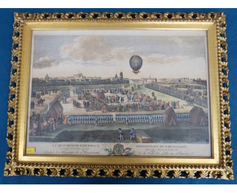 Gilt framed print of balloon flight titled "La Quatorzieme Experience", "Aerostatique De M. Blanchard".54 x 40cm