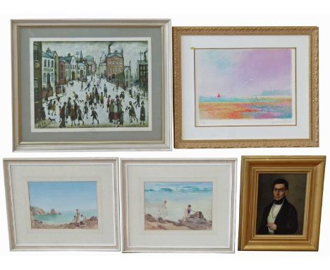 Unsigned Lowry print "The Village Square" one other limited edition print, and three other prints (5).Various sizes.