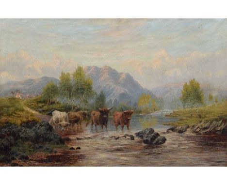 Sydney, 19th/20th century, River scene with highland cattle watering, indistinctly signed, oil on canvas.60 x 90.5cm, 23.5 x 
