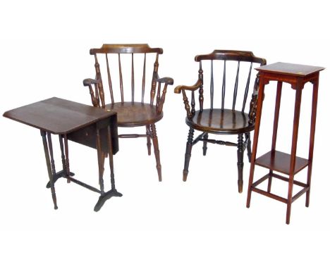 A group lot of furniture including two open arm beech framed chairs, Edwardian plant stand and a mahogany Sutherland table.