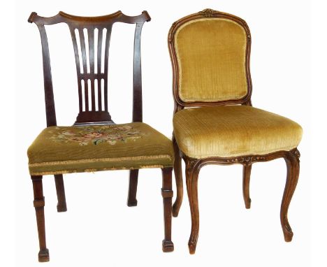 George III mahogany Chippendale style single chair with tapestry seat and a 19th century French single chair.