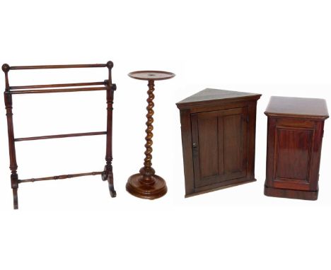 A group lot of furniture including Victorian mahogany towel rail, bedside cabinet, small corner cupboard, and a Victorian pla