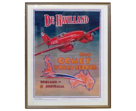 P. May (B. 1925) signed poster, De Havilland Comet World Record, 1934 England to Australia, signed by artist in pencil.43cm x