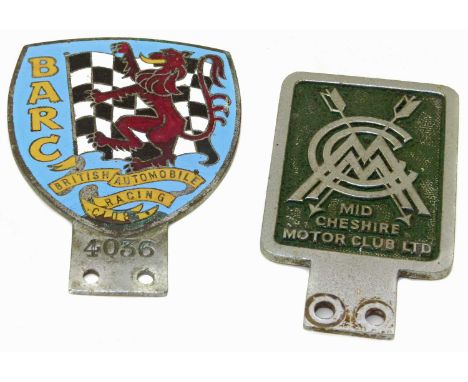 British Automobile Racing Club (BARC) badge and a Mid Cheshire Motor Club Badge.