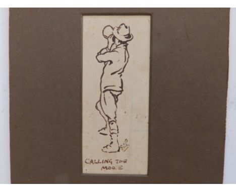 Robert Baden Powell (1857-1941) - a small ink sketch - 'Calling the Moo.E', initialled, inscribed to mount 'With congratulati