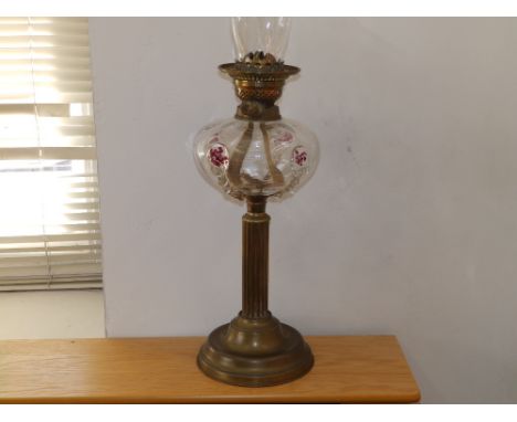 A Victorian oil lamp with moulded &amp; decorated glass reservoir, 17" excluding shade.