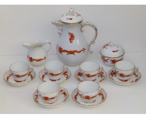 A Meissen porcelain 15 piece coffee set in Red Court Dragon pattern, having iron red decoration with gilding, comprising; cof