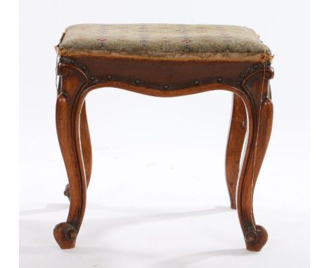 Victorian walnut framed Stool, with a  tapestry seat above scroll and cabriole legs terminating in scroll ends, 43cm wide, 43