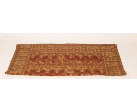 A Suzani style applique wall hanging, possibly from North Africa, the mid brown field with rows of riders on horseback, eleph