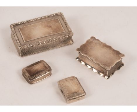 A William IV silver snuff box, makers mark TS, Birmingham 1833, rectangular with line engraving, foliate border with gilt int