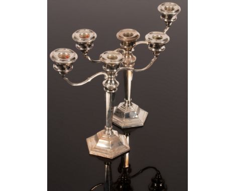 A pair of modern silver two-branch, three-light table candelabra, S & M, Birmingham 1970, the two-branch attachments being re