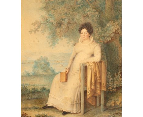 Madame Lhuiller/Portrait of a Seated Lady/wearing a white dress with book in her right hand/signed/watercolour, 22cm x 20cm C