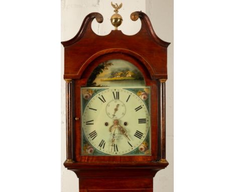 A late 18th Century mahogany longcase clock, the hood with swan neck cornice and turned columns to the sides, enclosed by an 