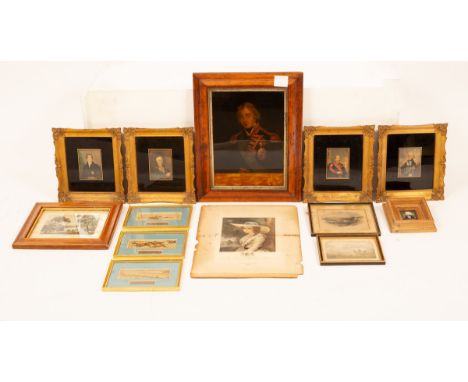 A quantity of prints including Baxter prints of Generals, topographical prints, Stevengraphs and a reverse glass print of Nel