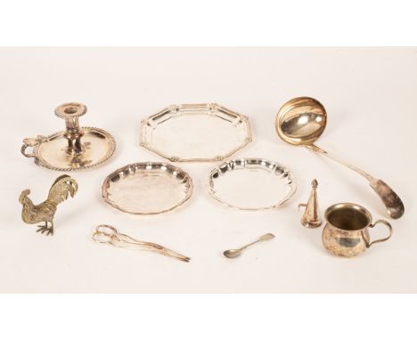 A quantity of plated ware to include a pair of Danish trays, a ladle, a cockerel etc.  CONDITION REPORT: Condition informatio