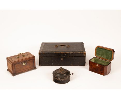 A George III walnut and inlaid tea caddy, together with a burr yew tea caddy with a bone escutcheon, a dispatch box by Wickwa