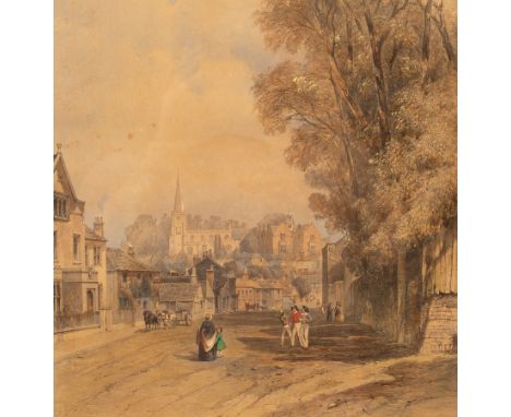 J Skinner Prout (1806-1876)/Street Scene/a church in the distance/over painted print, 37cm x 33cm  CONDITION REPORT: Conditio
