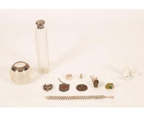 A glass jar with silver lid, a silver two strand chain bracelet with engraved clasp, a silver ring, a brooch, three miniature